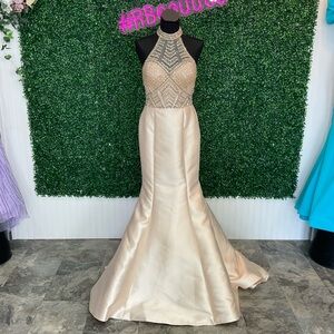 Elegant Champagne Halter Gown by Vienna Prom